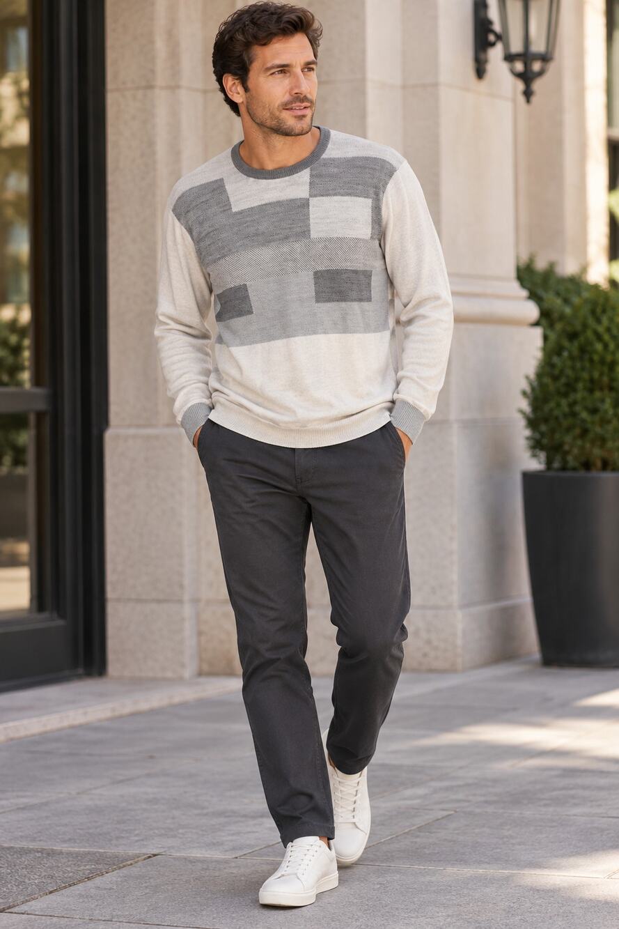 Calvin Klein Men's Merino Wool Blend Geometric Colorblock Sweater L